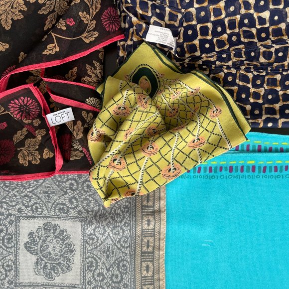 Lot of 5 silk scarves green/blue/gray/brown/black - Picture 7 of 12